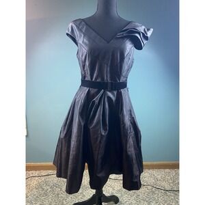 Women's Size 8 Black Taffeta Formal Fit N Flare Mini Dress Belted Double V
